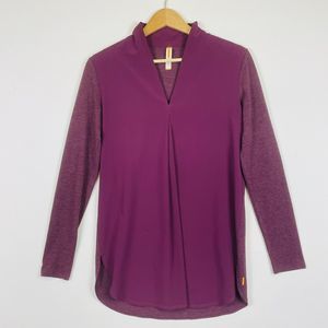 Lucy Burgundy Chiffon Wool Blend Knit Panel Long‎ Sleeve Top Shirt Womens XS